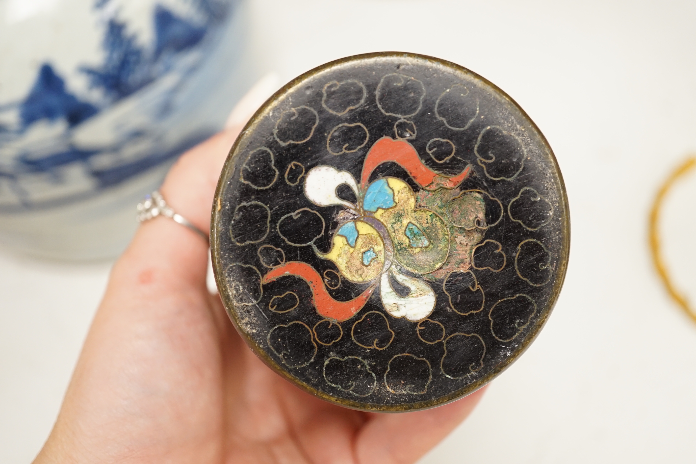 A collection of 20th century Chinese and Japanese ceramics including pair of Imari bottle neck vases, blue and white jar and cover and a pair of dog of foo pots and covers (one cover missing) together with two cloisonné